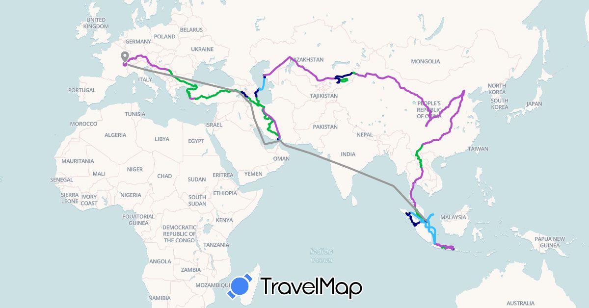 TravelMap itinerary: driving, bus, plane, train, boat in Azerbaijan, Bulgaria, Switzerland, China, Indonesia, Iran, Kyrgyzstan, Kazakhstan, Laos, Malaysia, Qatar, Serbia, Singapore, Thailand, Turkey (Asia, Europe)